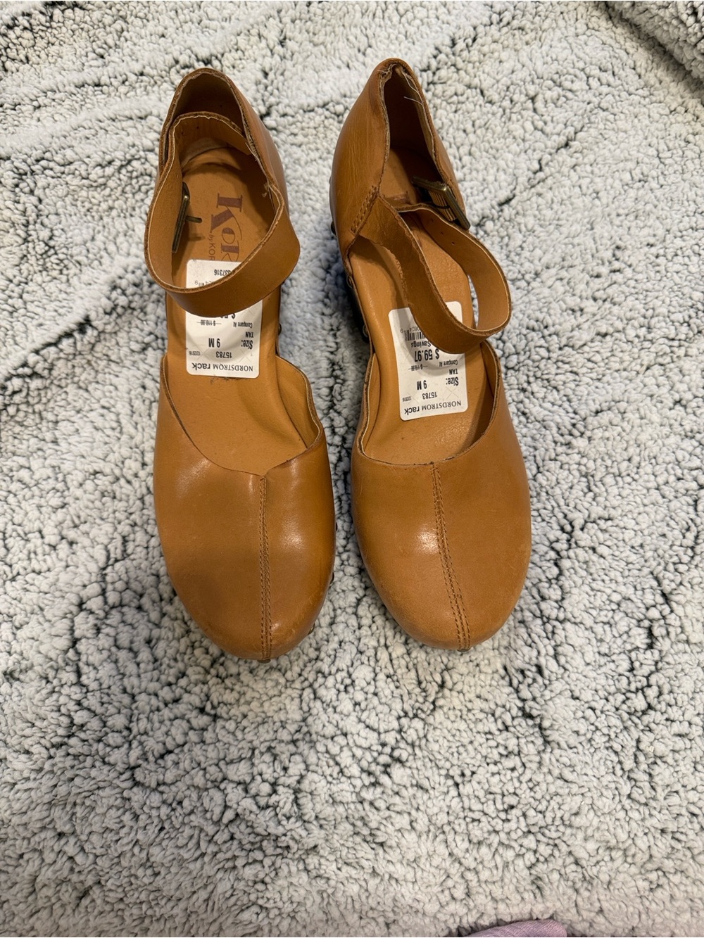 Kork-Ease Cognac Leather Clogs with Ankle Strap